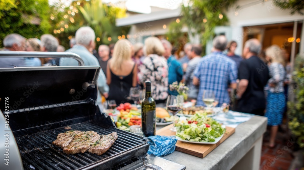 Naklejka premium Summer barbecue gathering with friends and delicious grilled food in a backyard