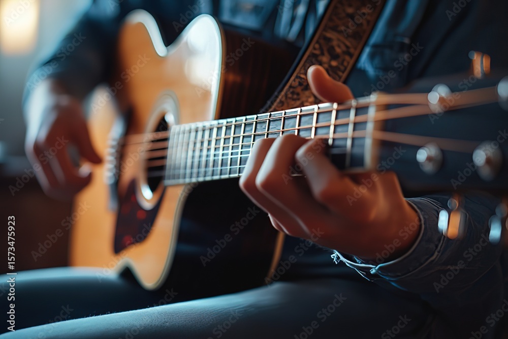 Obraz premium Close-up of guitar with blurred musician playing, raw style. Ideal for album covers, music tutorials, promotional posters, or artistic backgrounds. Emphasizes creative passion and instrument details.
