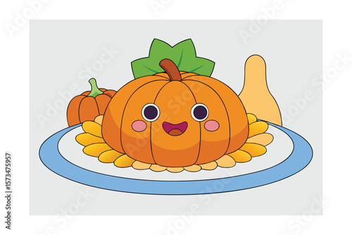 Cheerful Kawaii Thanksgiving Tablecloth Illustration