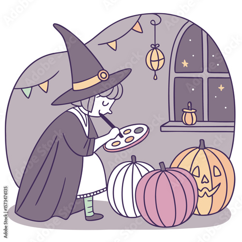 A witch painting pumpkins in a halloween themed room with a window and party decorations hanging up high