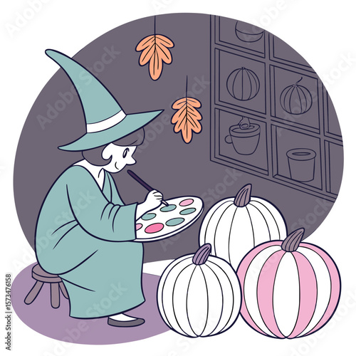 A witch painting pumpkins in a room with leaf decorations and a shelf of pumpkin and cup drawings