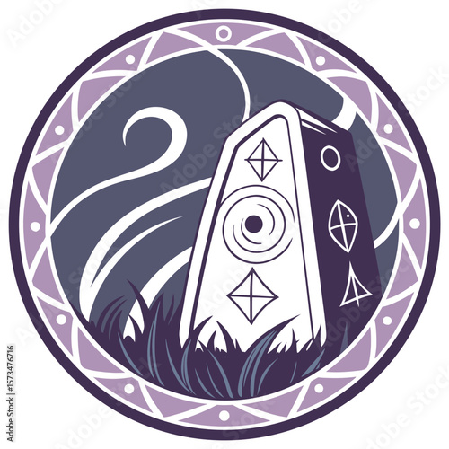 Illustration of a standing stone with symbols in a circular frame with decorative border and grass at base