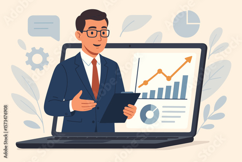 Business consultant or financial advisor giving an online presentation from a laptop. Concept for webinar, investment strategy, data analysis, and corporate growth coaching.