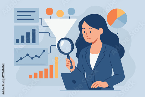 Business intelligence, data analysis for business insight. Woman with laptop analyzes statistics, charts, marketing data funnel. Technology, database and indicator concept vector.