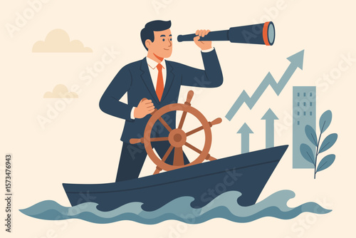 Business leadership visionary concept for company success. Career direction and work achievement metaphor. Smart businessman boat captain controlling the helm and looking forward.