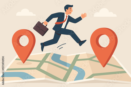 Business relocation concept. Man jumping between map pins. Move office to new address. Transfer to new location. Company growth metaphor. Businessman navigating to destination.