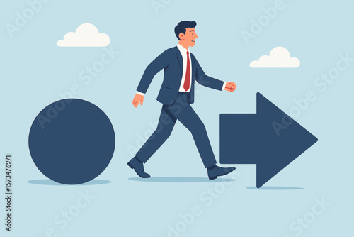 Business transformation metaphor. Change and development concept. Improvement plan for progress and growth. Confident businessman walking from chaos to order. Evolution.