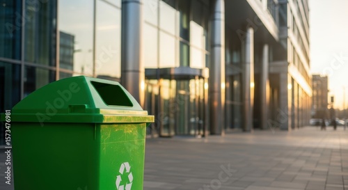 Green recycling bin in urban environment promotes sustainability and responsible waste management near a modern building