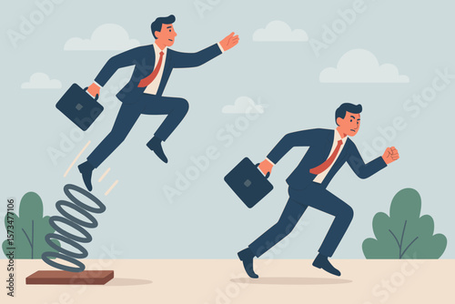 Competitive advantage, innovation to outsmart business rivals. Winning strategy, smart solution for career growth. Businessman jumping over competitor, career leap concept.