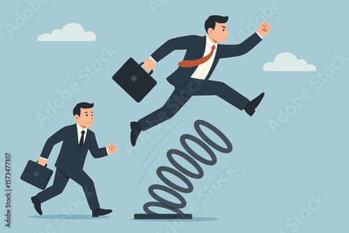 Competitive advantage. Innovation to outsmart and overtake the competition. Business winning strategy. A smart way to achieve career growth. Businessman jumping concept.