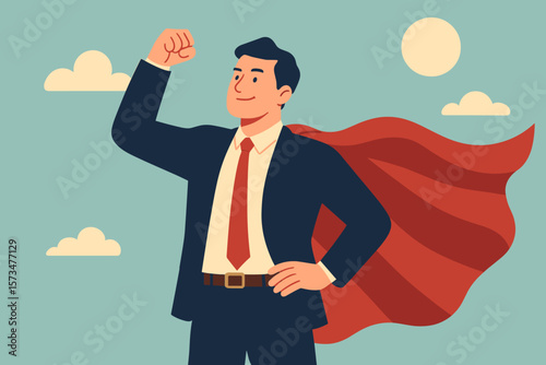 Confident businessman superhero metaphor for success and leadership. Strong employee with courage and strength to win. Outstanding best worker getting the job done. Power concept.