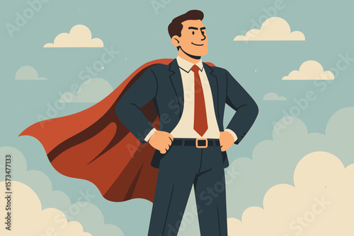 Confidence businessman success leadership concept. Superhero with cape, symbol of strength and power to win and get the job done. Outstanding employee or best worker. Courage.