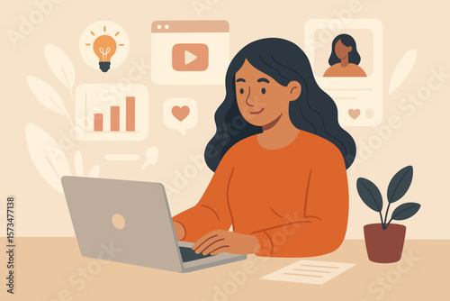 Content strategy marketing concept with woman planning digital advertising. Social media engagement and audience analysis for creative storytelling. Influencer marketing idea.