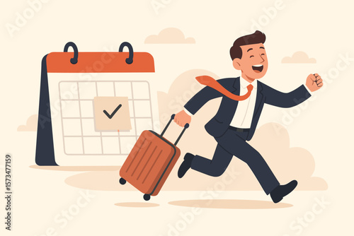 Annual leave concept. Happy businessman running with luggage. Day off vacation to rest and relax. Time schedule reminder. Escape from work. Freedom. Holiday trip journey travel.