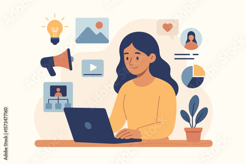 Content strategy marketing concept with woman at laptop. Digital advertising, online social media engagement, audience analysis, planning, creativity and storytelling for business.