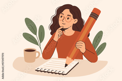 Content writer, blogger, or journalist concept. Young freelance woman holding a big pencil, thinking and writing creative content, story, or article on a notepad for publication.