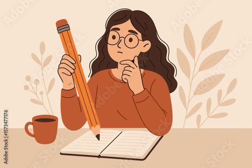Young Smart Freelance Content Writer, Blogger, Journalist, and Publishing Editor Concept Holding Giant Pencil, Thinking and Writing on Notepad Paper