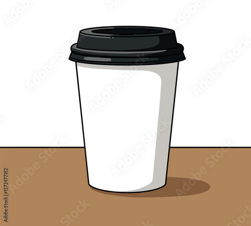 Disposable coffee cup with black lid on table – stock vector in colorful flat style