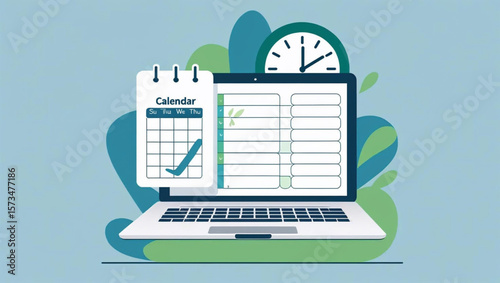 Produktivitäts-Vektor – Kalender, Aufgabenliste und Uhr im Flat-Design