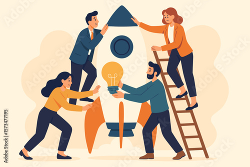 Teamwork for startup success. Business people collaboration, building rocket for launch. Innovation idea and creative solution. Coworkers cooperation for project development.