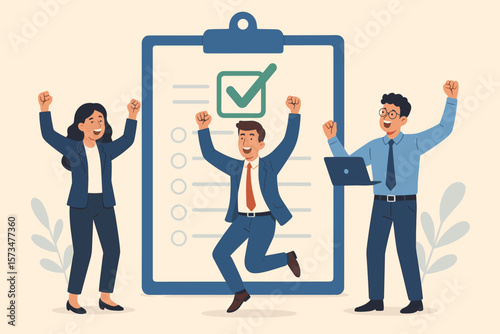 Team success celebration. Happy business people celebrate completed task on a checklist. Project accomplishment, job done concept. Goal achievement with green checkmark vector.