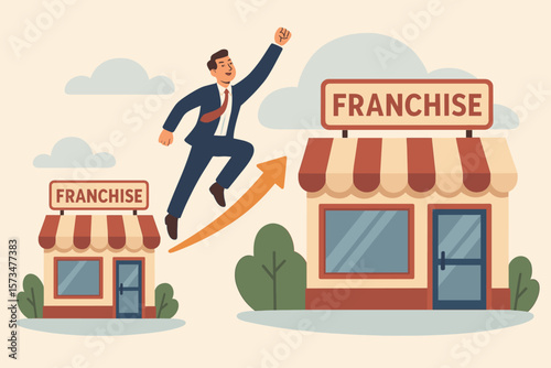 Businessman flying from small to large franchise store. Business growth, expansion, and success concept. Marketing for retail improvement. Storefront scaling opportunity vector.