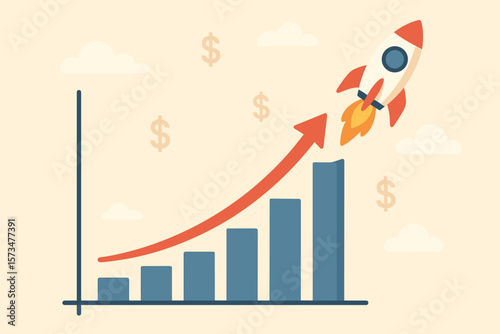 Exponential growth and compound interest concept. Investment, wealth, or earnings rising up on a bar graph. Business sales or profit increase with a rocket metaphor for success.
