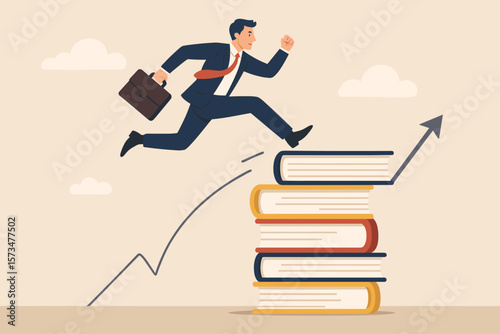 Education for career opportunity and success. Knowledge is power. Smart businessman jumping on a stack of books. Skill development for business growth and leadership.