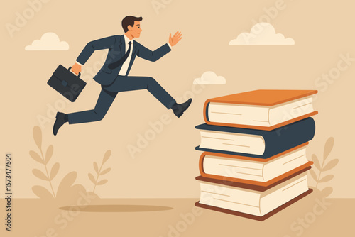 Businessman jumping over book stack. Education and knowledge challenge. Learning new skills for career opportunity. Ambition, success and personal growth. Overcoming obstacles.