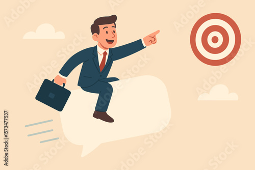 Effective communication for business success. Leader sending message to hit the target. Businessman riding a speech bubble for fast announcement or dialog to reach a goal.