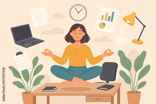 Employee wellbeing, wellness concept. Office woman mindfulness meditation for stress relief. Work-life balance, productivity, project management in a calm relaxed workplace.