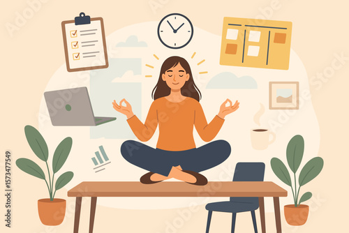 Employee wellbeing and wellness. Work-life balance concept. Mindfulness and meditation at work for stress relief and mental health. Calm, zen and harmony in a productive office.