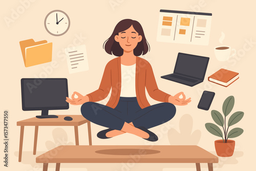 Employee wellbeing wellness concept. Office woman mindfulness meditation. Work-life balance stress management. Zen calm in relaxed workplace for productivity. Mental health.