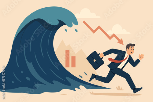 Businessman runs from tsunami wave metaphor for business crisis. Escaping financial recession, stock market crash. Surviving economic collapse, risk and danger concept.
