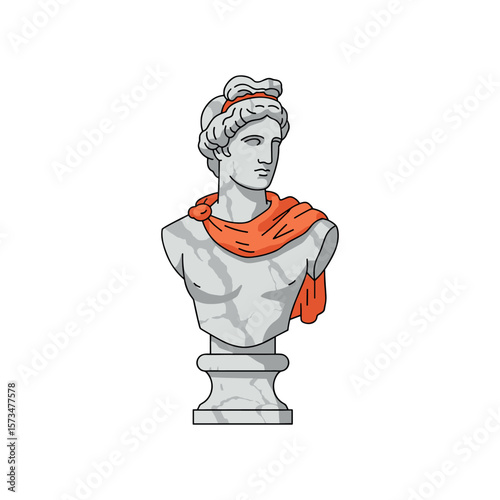 Classical marble statue bust with orange draping – stock vector in colorful flat style