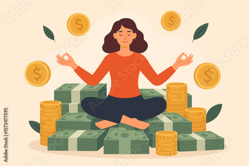 Financial wellbeing money management. Savings, investment. Making money, wealth accumulation. Income, salary, wages concept. Successful woman meditating in lotus pose on a pile of cash.