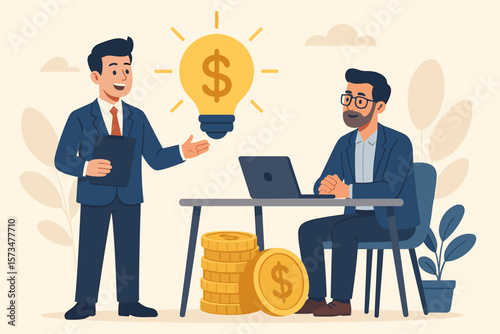 Entrepreneur fishing for investment from inside a lightbulb idea. Startup funding, venture capital pitch, and business concept for making money. Financial growth metaphor.