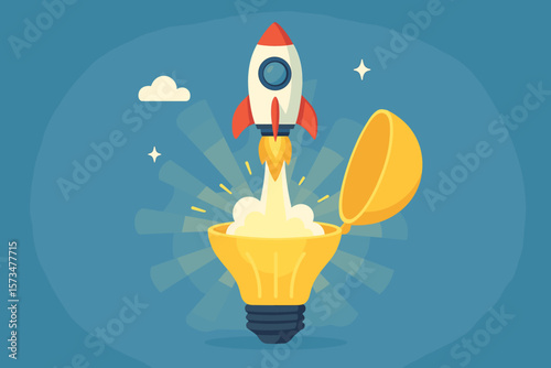 Innovation launching a new idea. Entrepreneurship and startup concept. Creativity to begin a business. Breakthrough idea metaphor. Innovative rocket launching from a lightbulb.