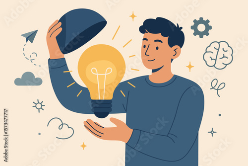 Creative thinking and innovation concept. Young man opening head to reveal glowing lightbulb. Idea generation, imagination, inspiration, knowledge, wisdom, problem solving, invention.
