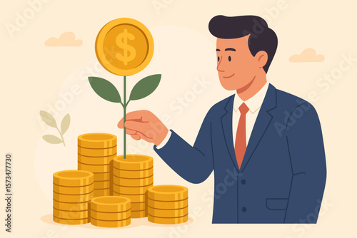 Businessman investor nurturing money growth, financial investment, wealth increase, profit opportunity, savings, mutual funds, prosperity, economic success, income management