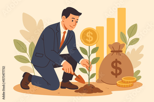 Businessman Investor Planting Money Tree, Growing Wealth, Investment Asset, Financial Growth, Saving for Retirement, Pension Fund, Profit, Economic Success, Finance Concept