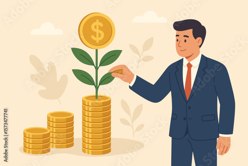 Businessman Investor Growing Wealth Concept, Investment Growth, Financial Prosperity, Earning More Money, Savings, Mutual Funds, Profit Opportunity, Increasing Capital