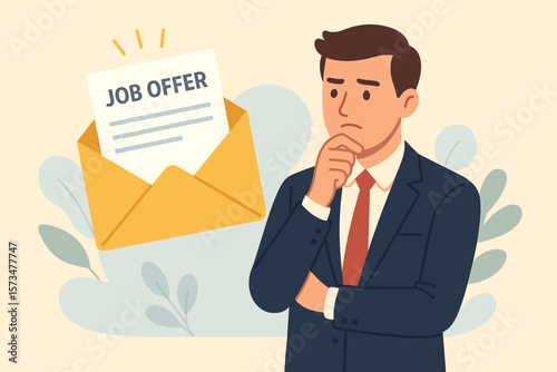 Businessman Considering Job Offer Letter, Employment Opportunity, Promotion, Higher Salary, Recruitment, Human Resources, Career Decision, Professional Candidate Thinking