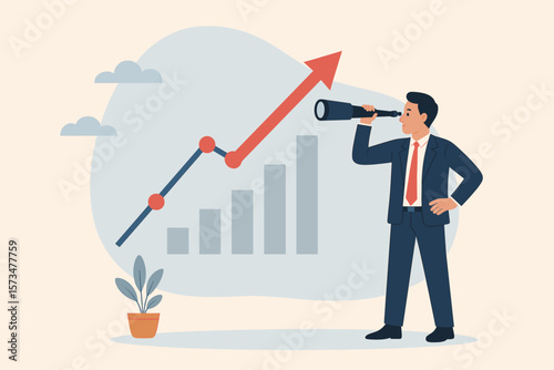 Businessman with telescope looks at growth chart. Concept for forecast, prediction, future opportunity, data analysis, leadership vision, and investment strategy. Success.