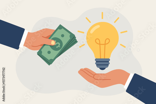 Funding startup idea. Fundraising for new business. Investor & venture capital financial support. Sponsorship concept. Businessman hand exchanges money for a creative innovation.