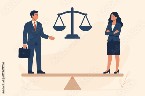 Gender equality in business. Equal rights, diversity, balance, fairness, justice. Businessman and businesswoman on balanced seesaw with scales. Workplace equity, inclusion concept.