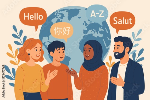 Language learning concept illustration. International communication and translation. Diverse people talking in foreign languages. Multilingual education and global friendship.