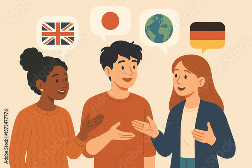 Multicultural young adults communicating, language learning, translation, international conversation, global education, multilingual diversity, foreign languages, speech bubbles, flags