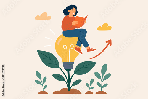 Growth mindset and lifelong learning concept. Woman reading a book on a growing lightbulb plant. Knowledge, education, and skills for personal development and success.