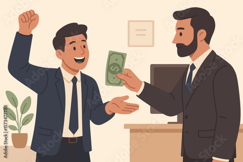 Businessman hand giving money to a happy employee. Getting paid salary, wages, bonus or a reward. Employee benefits, tax refund, loan payment or investment profit earning.